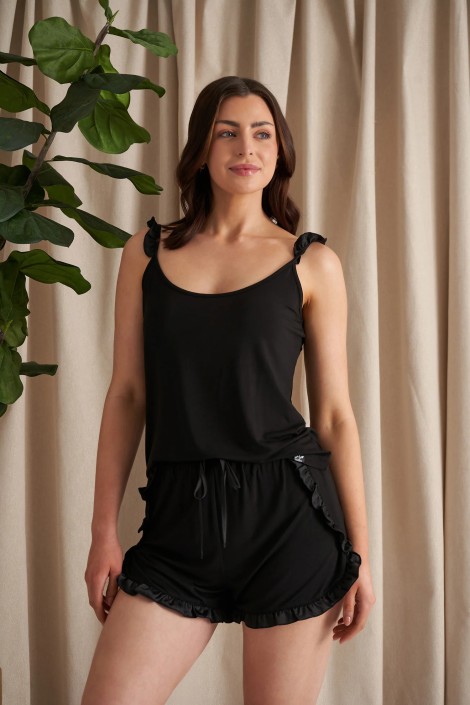 Pretty You London Bamboo Frill Cami Short Set Black